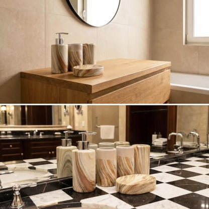 Ceramic Bathroom Accessories Set of 4, Marble Wood Grain Bathroom Vanity Set,Soap Dispenser, Toothbrush Holder, Tumbler & Soap Dish Modern Bathroom Organizer - color: Round Beige