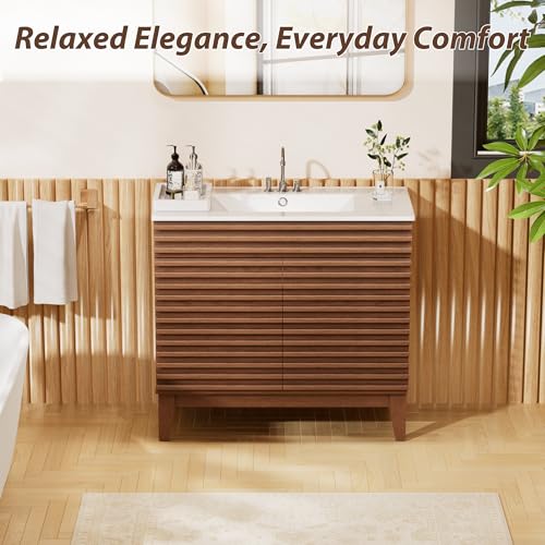 APRILSOUL 36" Bathroom Vanity with Ceramic Sink, Mid-Century Bathroom Vanity Cabinet with 2 Soft Closing Doors, Freestanding Bathroom Cabinet, Particleboard Frame with Wood Grain Laminate, Walnut - color: Walnut/ White Sink, size: 36 Inch