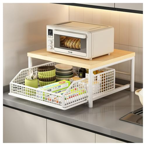 Kitchen Microwave Rack, Small Coffee Stand Shelf with Drawer Storage Basket | Kitchen Counter Storage Microwave Shelf for Coffee Machine, Living Room, Bedroom(White) - color: White