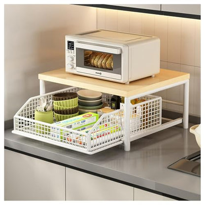 Kitchen Microwave Rack, Small Coffee Stand Shelf with Drawer Storage Basket | Kitchen Counter Storage Microwave Shelf for Coffee Machine, Living Room, Bedroom(White) - color: White
