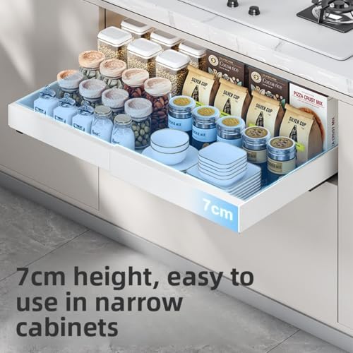 2PCS Expandable Pull Out Cabinet Organizer pots and pans organizer under cabinet Upgrade 3 Slide Rails Slide Out Drawers Roll Out Shelves Adhesive,Adjustable Width - size: (2pcs)16.54"D x12.6~20.5"W x 2.76"H
