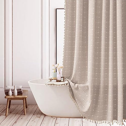 Farmhouse Brown Shower Curtain - Boho Modern Linen Fabric Shower Curtains for Bathroom, Chic Cute Wrinkle Free Thick Bathroom Curtain Set with Tassel - Bohemian Cloth Shower Curtain Long 71x79, Tan - color: Taupe, size: 71"W x 79"L (Pack of 1)