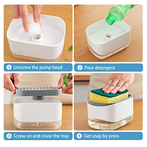 Dish Soap Dispenser for Kitchen Sink with Sponge Holder, RUFCRIL 12oz/350ml Soap Pump Dispenser and Sponge Holder, White - color: White-12 Oz
