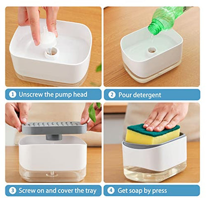 Dish Soap Dispenser for Kitchen Sink with Sponge Holder, RUFCRIL 12oz/350ml Soap Pump Dispenser and Sponge Holder, White - color: White-12 Oz