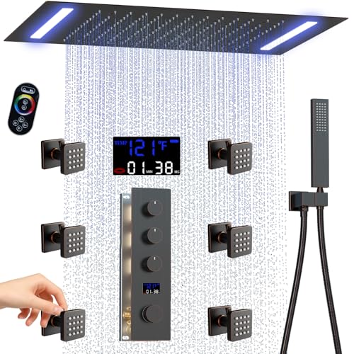 AYIVG Ceiling Mount 20x14 Inch Rainfall Shower System With 6 On Off Body Jets 3 Way Diverter Shower Faucet And Handheld Shower Heads Temperature Display Set (Oil Rubbed Bronze) - color: Oil Rubbed Bronze
