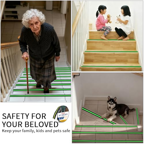 Glow in Dark Anti Slip Tape, 1" x 35FT Heavy Duty Waterproof Safety Grip Tape for Stairs, Pool, Bathroom - Black & Glow Stripe Indoor/Outdoor Multi-Purpose Traction Tape - size: 1IN x 35FT