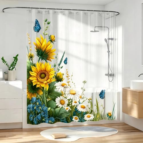 Clear Sun Flower Shower Curtain Liner, Yellow Plastic Transparent Pretty Shower Curtains for Bathroom, 72x72 Weighted Magnetic Shower Curtain Set with 12 Hooks - color: Clear Sunflower, size: 72"W x 72"L (Pack of 1)