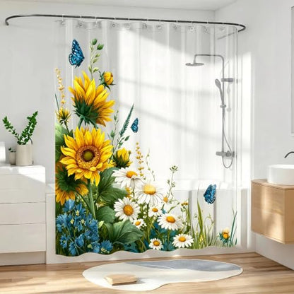 Clear Sun Flower Shower Curtain Liner, Yellow Plastic Transparent Pretty Shower Curtains for Bathroom, 72x72 Weighted Magnetic Shower Curtain Set with 12 Hooks - color: Clear Sunflower, size: 72"W x 72"L (Pack of 1)