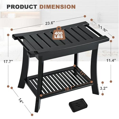 24" Bamboo Shower Bench with Shelf for Bathroom, 300 lbs, Black | Sturdy 24-inch bamboo stool for shaving. Spa bench with shelf for indoor & outdoor. Anti-slip design for safe bathroom use. - size: 24" Bamboo