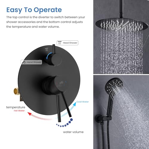 Circular Ceiling Mounted Shower System with 2-Function Faucet Set | Solid Brass Pressure Balanced Valve | Anti-Scald Design for Reliable Water Temperature Control (Matte Black Finish, KSF408) - color: Matte Black