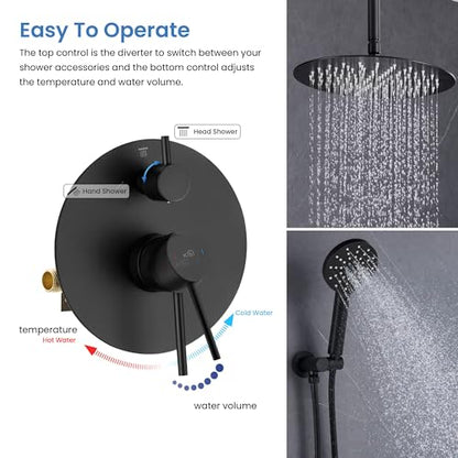 Circular Ceiling Mounted Shower System with 2-Function Faucet Set | Solid Brass Pressure Balanced Valve | Anti-Scald Design for Reliable Water Temperature Control (Matte Black Finish, KSF408) - color: Matte Black