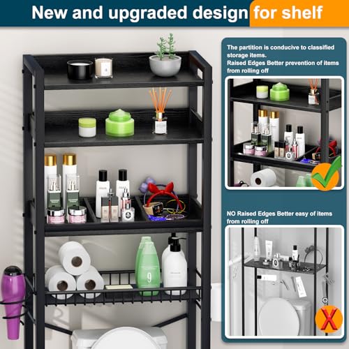 Over The Toilet Storage Cabinet,4 Tier Bathroom Organizer and Storage With Adjustable Shelf Waterproof Feet Pad and Basket Multifunctional Space Saver Freestanding Bathroom Shelves With Dividers Black - color: Black