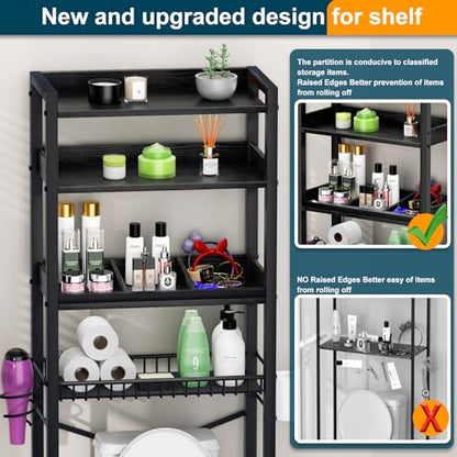 Over The Toilet Storage Cabinet,4 Tier Bathroom Organizer and Storage With Adjustable Shelf Waterproof Feet Pad and Basket Multifunctional Space Saver Freestanding Bathroom Shelves With Dividers Black - color: Black