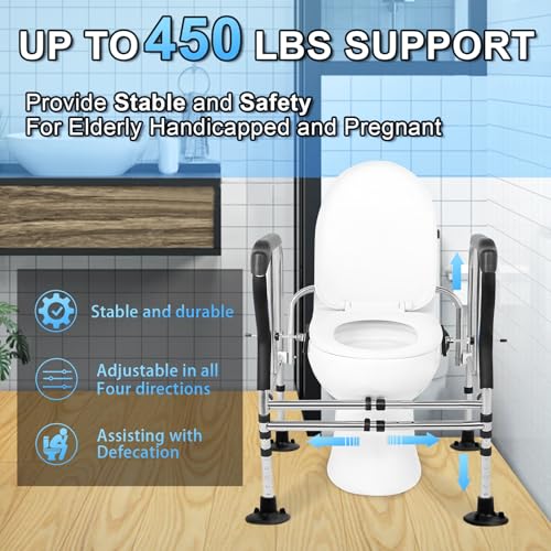 Toilet Safety Rail for Seniors, Height Width Adjustable Toilet Safety Frames with Anti-Slip Handles and Suction Cups for Elderly & Disabled, Toilet Seat Riser for Bathroom Safety, 450 lbs Capacity Bl