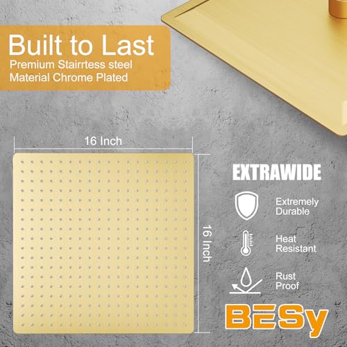 16 In Rain Shower Head High Pressure Rainfall Shower Head Brushed Gold | Square Rain Bathroom Showerhead, High Flow, Large Stainless Steel, Ceiling Mounted, Wall Mounted, Waterfall Full Body - color: Brushed Gold, size: 16 Inch