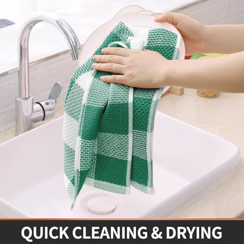Homaxy 100% Cotton Waffle Weave 6 Pack Dish Cloths, 12" x 12" | White & Dark Green, Waffle Weave, Plaid, Super Soft and Absorbent Dish Rags, Quick Drying - color: White & Dark Green, size: 12 x 12 - 6 Pack