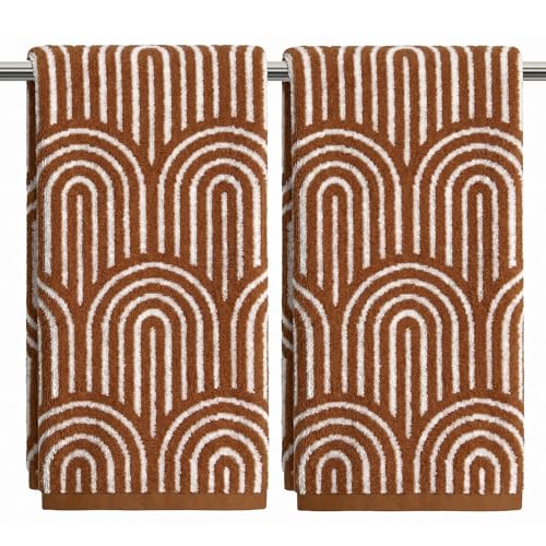 Artoid Mode 2 Pcs Beige Caramel Arched Stripes Jacquard Hand Towels for Bathroom, 100% Cotton Soft Absorbent Bathroom Decor Towels, 13.7 x 29.5 Inch - color: Beige/Caramel, size: 13.7" x 29.5", 2PCS