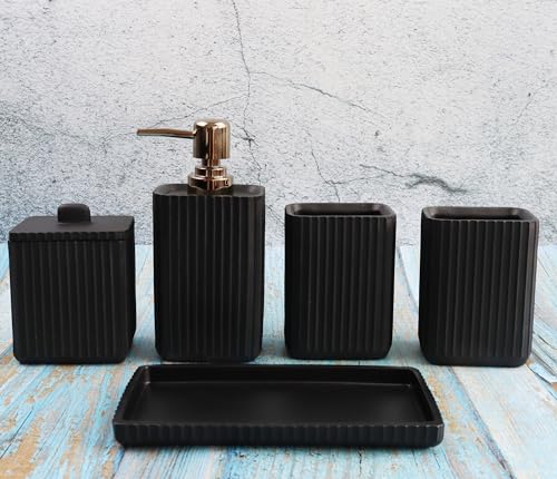 Hymmah Black Bathroom Accessories Set,Unique Design Bathroom Set 5 Pcs Resin Gift Set Apartment Necessities, Contain Cotton Swab Jar,Soap Dispenser,Soap Dish/Tray,Tumbler - color: Black 5