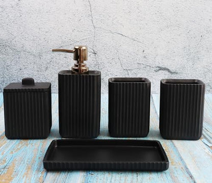 Hymmah Black Bathroom Accessories Set,Unique Design Bathroom Set 5 Pcs Resin Gift Set Apartment Necessities, Contain Cotton Swab Jar,Soap Dispenser,Soap Dish/Tray,Tumbler - color: Black 5