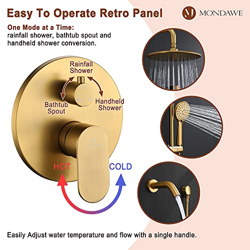 MONDAWE 9 Inch Wall Mounted Shower Faucet Set with Tub Spout in Brushed Gold, Rainfall Shower Head with 3-Setting Handheld Spray Shower Combo, High Pressure Shower System with Solid Brass Valve - color: Brushed Gold, style: 9 IN - With Tub Spout