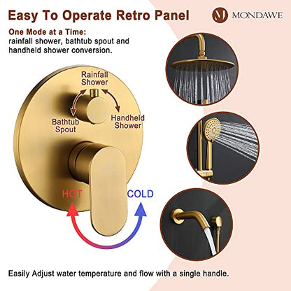 MONDAWE 9 Inch Wall Mounted Shower Faucet Set with Tub Spout in Brushed Gold, Rainfall Shower Head with 3-Setting Handheld Spray Shower Combo, High Pressure Shower System with Solid Brass Valve - color: Brushed Gold, style: 9 IN - With Tub Spout