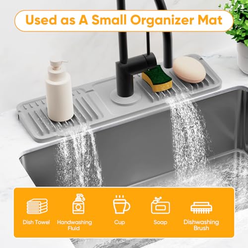 17.7'' Folding Faucet Mat for Kitchen Sink Splash Guard[7° Slope Fast Self-draining][Snap Lock Fit] Kitchen Sink Faucet Mat Splash Guard Kitchen Sink Area Water Splash Guard Behind Faucet Draining Mat - color: Light Gray, size: 17.7" x 5.5"