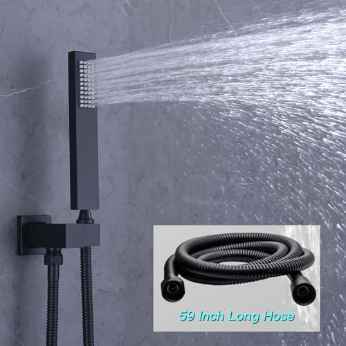 Black Tub Shower Faucet Set 4 Functions Thermostatic Shower System | with Tub Spout, Ceiling Mounted 12 inch Shower Head, 6 Body Jet, Handheld Spray - color: Black, size: 12" Ceiling Shower