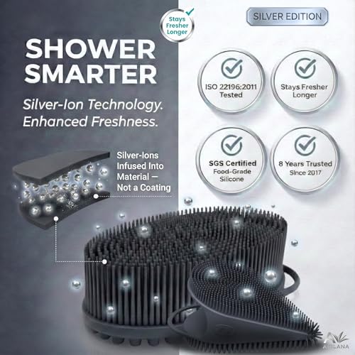 Avilana Silicone Body Scrubber for Shower – SGS Certified Food Grade Dual Sided Bath Brush, Gentle Exfoliating Silicone Loofah Alternative, Sensitive Skin Body Brush (Blue-Silver, Body & Face) - color: Blue-silver, size: Body & Face