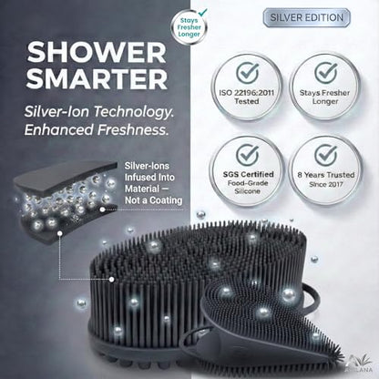 Avilana Silicone Body Scrubber for Shower – SGS Certified Food Grade Dual Sided Bath Brush, Gentle Exfoliating Silicone Loofah Alternative, Sensitive Skin Body Brush (Blue-Silver, Body & Face) - color: Blue-silver, size: Body & Face