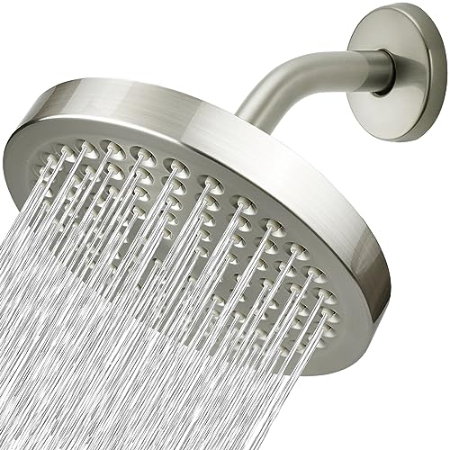 High Pressure Rain Shower Head with Arm - High Flow Rainfall Showerhead - Luxury Modern Look - Pressure Boosting (6" Shower Head with 6" Arm, Brushed Nickel) - color: Elegant Brushed Nickel