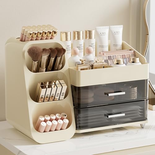 Aveniee Makeup Organizer with Drawers, Large Bathroom Countertop Storage for Vanity, Cosmetic & Skincare Display Case for Brushes, Perfumes, Lipsticks (Cream White) - color: Cream