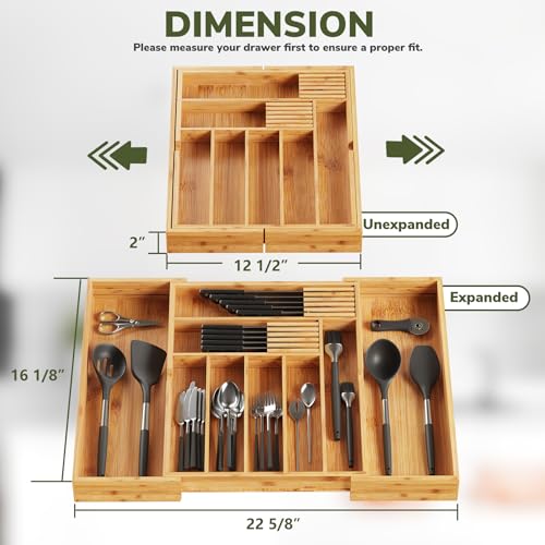 BAMEOS Bamboo Drawer Organizer Expandable Kitchen Silverware Organizer with 7-9 Deep Compartments, Bamboo Reinforced Cutlery Tray, Adjustable Utensil Holder for Kitchen(16.1"-22.4" Wide, Natural) - size: 2''H 22X16 with Knife Block