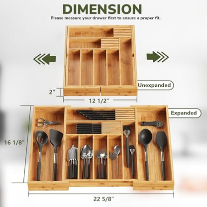 BAMEOS Bamboo Drawer Organizer Expandable Kitchen Silverware Organizer with 7-9 Deep Compartments, Bamboo Reinforced Cutlery Tray, Adjustable Utensil Holder for Kitchen(16.1"-22.4" Wide, Natural) - size: 2''H 22X16 with Knife Block