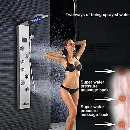 Stainless Steel Shower Panel Tower Suit,LED Rainfall Waterfall Shower Head 6-Function Faucet Rain Massage Suit with Body Jets