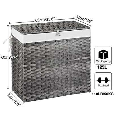 Greenstell Laundry Hamper with Lid, 125L Large Clothes Hamper with 3 Section & 2 Section Removable Liner Bags & 5 Mesh Laundry Bags, Handwoven Synthetic Rattan Divided Laundry Basket, Gray - color: Gray