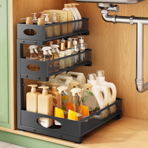 Kitstorack Under Sink Organizer 3-Tier Slide Out Drawer 1-Pack Black | Height Adjustable, Metal Mesh Storage Rack, Pull out Cabinet Organizer Shelf for Bathroom Kitchen Pantry Home Organization - color: Black, size: 1-Pack