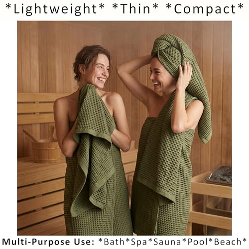 PÜSKÜL Natural 100% Turkish Cotton Waffle Towels Set of 4-Piece Khaki Green | 2-Bath sheet (Extra-large 32x63") and 2-Hand towel (Large 32x16"). Premium honeycomb-waffle weave, oeko-tex made in Turkiye. - color: Khaki Green