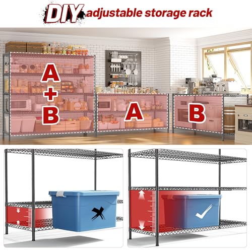 REIBII 3200LBS Storage Shelves 55.5" W Garage Shelving Heavy Duty 5 Tier Adjustable Wire Shelving Unit Metal Shelving for Garage Pantry Commercial Basement,55.5" W X 18''D X 71" H - color: Black