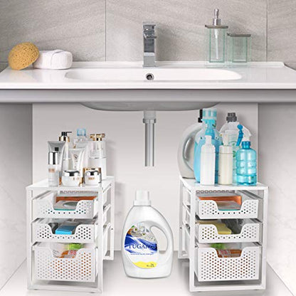 Simple Trending Under Sink Organizer 3-Tier with Sliding Storage Drawer | Multi-Purpose Desktop Organizer, Metal Cabinet Organizer for Kitchen Bathroom Office, Stackbale, Space Saving, White