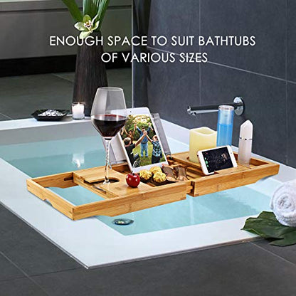 Moclever Bathtub Caddy Trays - Premium Bamboo Bath Trays with Extending Sides, Reading Rack, Tablet Holder, Cell Phone Tray and Luxury Wine Glass Holder - Natural Bamboo Color