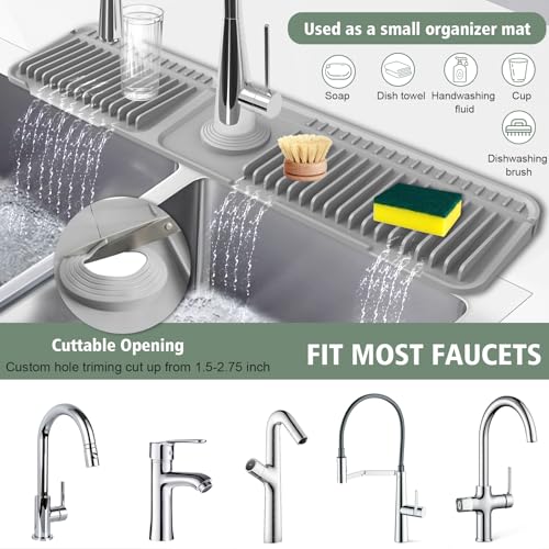 24-Inch Kitchen Sink Splash Guard Mat | 7° Slope for Fast Self-Draining | Snap-Lock Design | Universal & Cuttable Silicone Faucet Mat Gray - color: Gray, size: 24" x 5.5"