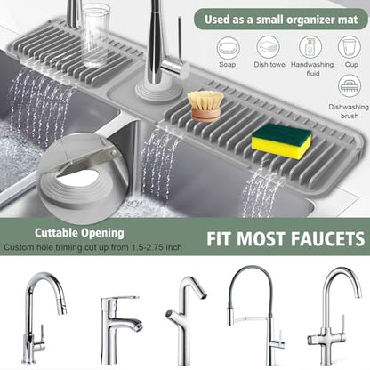 24-Inch Kitchen Sink Splash Guard Mat | 7° Slope for Fast Self-Draining | Snap-Lock Design | Universal & Cuttable Silicone Faucet Mat Gray - color: Gray, size: 24" x 5.5"
