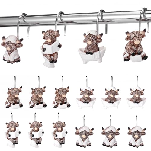 12 Pcs 4 Style Highland Cow Shower Curtain Hooks Rustic Farmhouse Western Decorative Shower Hooks Resin Metal Double Material No-Rust Sliding Curtain Rings for Bathroom Decor for Cow Lovers