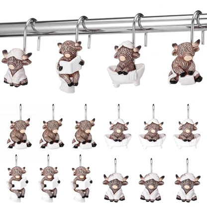 12 Pcs 4 Style Highland Cow Shower Curtain Hooks Rustic Farmhouse Western Decorative Shower Hooks Resin Metal Double Material No-Rust Sliding Curtain Rings for Bathroom Decor for Cow Lovers