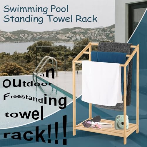 Bamboo Towel Rack Stand, Hand Towels Stand Holder, Freestanding Blanket Rack with Bottom Storage Shelf for Bathroom, Bedroom, Laundry Room