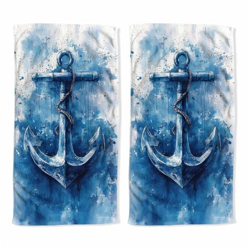 Watercolor Hand Towel Set of 2 Anchor Vintage Sky-Blue White Absorbent Bath Towels Soft Breathable Bathroom Towel for Kitchen Hotel Spa Decor Gift 14x28 inch - color: Watercolor