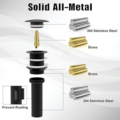 ZM Pop Up Drain Stopper No Overflow for Bathroom Faucet Vessel or Vanity Sink, Matte Black - style: Black Without Overflow