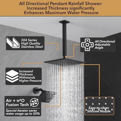 VANFOXLE Shower System Matte Black Shower Faucet Set, Push Button Diverter | 10 inch ceiling mount rain head Increased Thick, 6 inch side head, 2-in-1 handheld sprayer, solid brass valve, rust resistant - color: Matte Black, style: 10"+6" Head