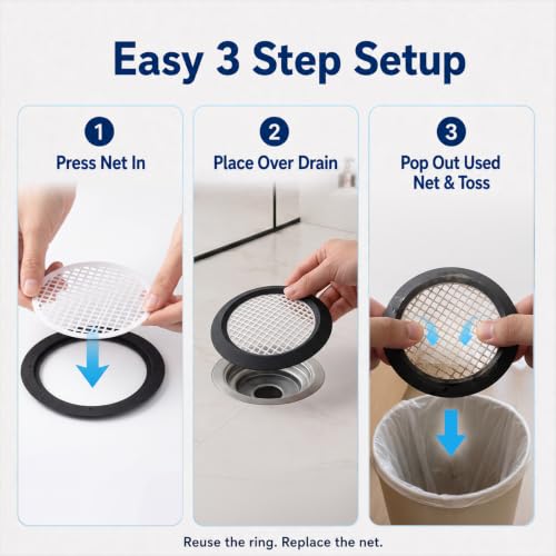 35 Pack Disposable Shower Drain Hair Catcher with Weighted Silicone Ring | Adhesive-free 3.84 in mesh nets for flat shower, tub and floor drains, designed to help hold the cover securely in place.
