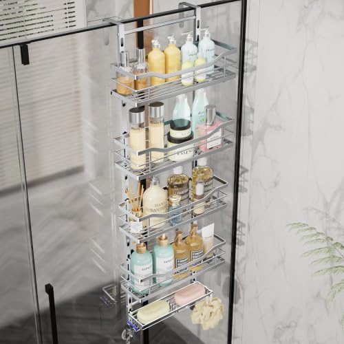 SWTYMIKI Over the Door Shower Caddy - 5 Tier Adjustable Shower Organizer Hanging with Soap Holder, No Drilling Stainless Steel Bathroom Rack Hanging for Body Wash, Shampoo, Soap, Razor, Silver - color: Silver-5 Tier